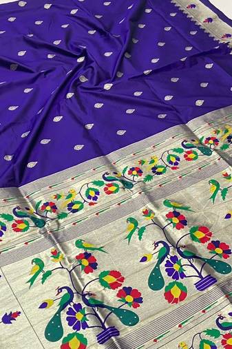Koram Blue Paithani kanchipuram silk blend saree Zari Weaving Pallu Saree With Blouse For Women