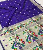 Koram Blue Paithani kanchipuram silk blend saree Zari Weaving Pallu Saree With Blouse For Women