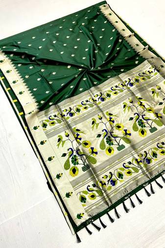 Koram Green Paithani kanchipuram silk blend saree Zari Weaving Pallu Saree With Blouse For Women