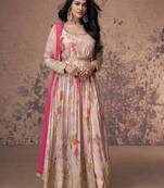 Pink embroidered georgette free size stitched anarkali pant suit ( size upto 42)