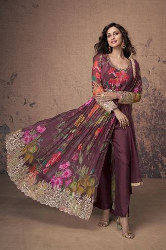 Wine embroidered georgette free size stitched anarkali pant suit ( size upto 42)