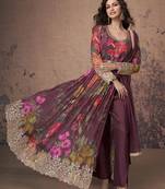 Wine embroidered georgette free size stitched anarkali pant suit ( size upto 42)