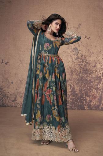 Grey embroidered georgette free size stitched anarkali pant suit ( size upto 42)