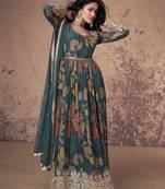 Grey embroidered georgette free size stitched anarkali pant suit ( size upto 42)