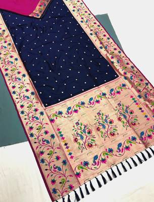 Koram Navy Blue Kanjivarm Paithani Silk Saree Mina Kari Border And Rich Pallu Saree With Blouse For Women 1