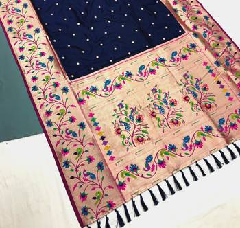 Koram Navy Blue Kanjivarm Paithani Silk Saree Mina Kari Border And Rich Pallu Saree With Blouse For Women 2