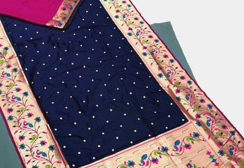Koram Navy Blue Kanjivarm Paithani Silk Saree Mina Kari Border And Rich Pallu Saree With Blouse For Women 3