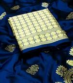 Koram Navy Blue Lichi Silk  And Weaving Golder Zari Saree With Blousw For Women