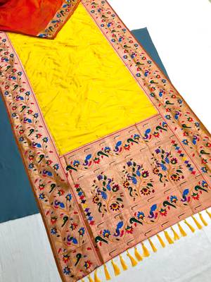Koram Yellow Kanjivarm Paithani Silk Saree Mina Kari Border And Rich Pallu Saree With Blouse For Women 1