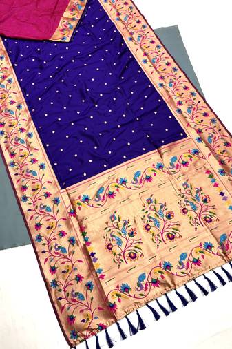 Koram Blue Kanjivarm Paithani Silk Saree Mina Kari Border And Rich Pallu Saree With Blouse For Women