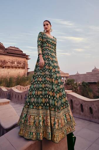 Green heavy embroidered faux georgette stitched anarkali suit