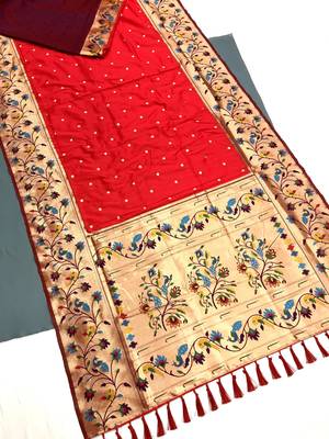 Koram Red Kanjivarm Paithani Silk Saree Mina Kari Border And Rich Pallu Saree With Blouse For Women 1