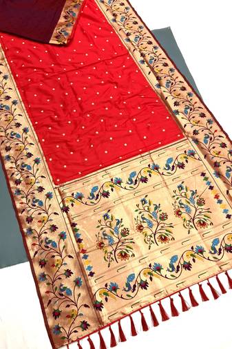 Koram Red Kanjivarm Paithani Silk Saree Mina Kari Border And Rich Pallu Saree With Blouse For Women