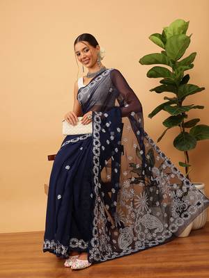 Hand Embroidered Navy Blue Georgette Lucknowi Chikankari Indian Women Saree With Blouse 1
