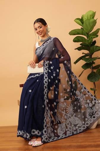 Hand Embroidered Navy Blue Georgette Lucknowi Chikankari Indian Women Saree With Blouse