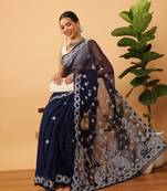 Hand Embroidered Navy Blue Georgette Lucknowi Chikankari Indian Women Saree With Blouse