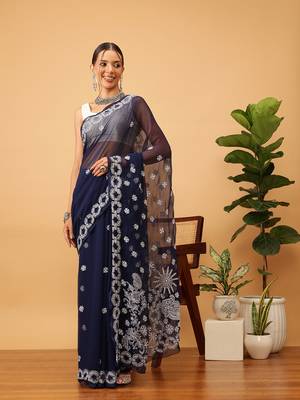 Hand Embroidered Navy Blue Georgette Lucknowi Chikankari Indian Women Saree With Blouse 2