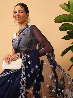 Hand Embroidered Navy Blue Georgette Lucknowi Chikankari Indian Women Saree With Blouse 3