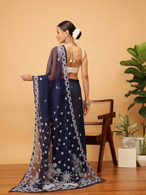 Hand Embroidered Navy Blue Georgette Lucknowi Chikankari Indian Women Saree With Blouse 4