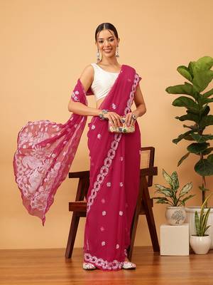 Hand Embroidered Magenta Georgette Lucknowi Chikankari Indian Women Saree With Blouse 1