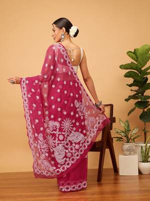 Hand Embroidered Magenta Georgette Lucknowi Chikankari Indian Women Saree With Blouse 2