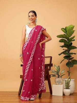 Hand Embroidered Magenta Georgette Lucknowi Chikankari Indian Women Saree With Blouse 4