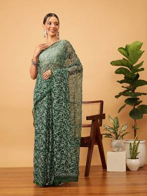 Hand Embroidered Bottle Green Georgette Lucknowi Chikankari Indian Women Saree With Blouse 1