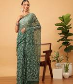 Hand Embroidered Bottle Green Georgette Lucknowi Chikankari Indian Women Saree With Blouse