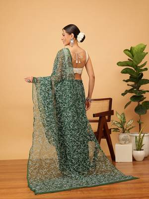 Hand Embroidered Bottle Green Georgette Lucknowi Chikankari Indian Women Saree With Blouse 2