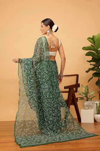 Hand Embroidered Bottle Green Georgette Lucknowi Chikankari Indian Women Saree With Blouse