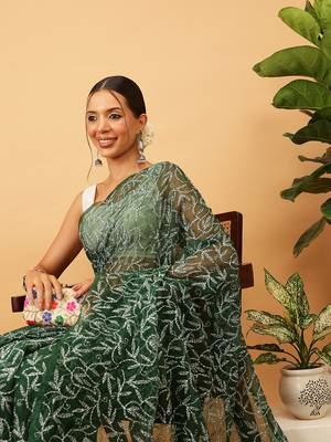 Hand Embroidered Bottle Green Georgette Lucknowi Chikankari Indian Women Saree With Blouse 3