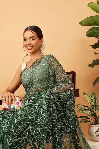 Hand Embroidered Bottle Green Georgette Lucknowi Chikankari Indian Women Saree With Blouse