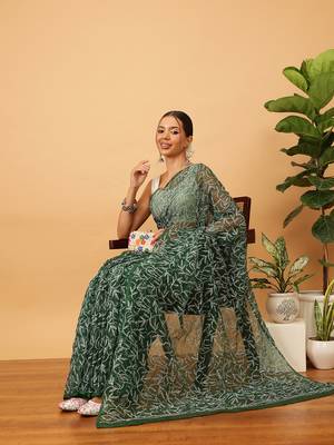 Hand Embroidered Bottle Green Georgette Lucknowi Chikankari Indian Women Saree With Blouse 4