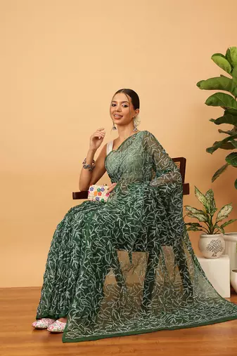 Hand Embroidered Bottle Green Georgette Lucknowi Chikankari Indian Women Saree With Blouse