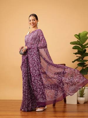 Ada hand embroidered wine georgette lucknowi chikankari indian women saree with blouse - a311381 1