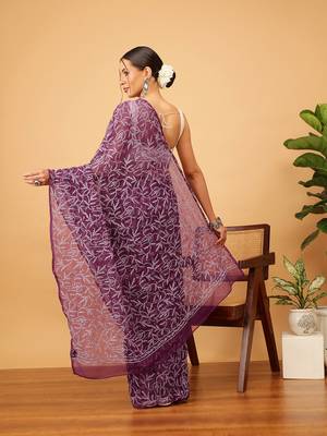 Ada hand embroidered wine georgette lucknowi chikankari indian women saree with blouse - a311381 2