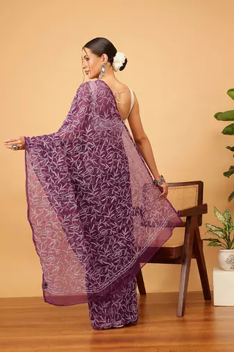 Ada hand embroidered wine georgette lucknowi chikankari indian women saree with blouse - a311381