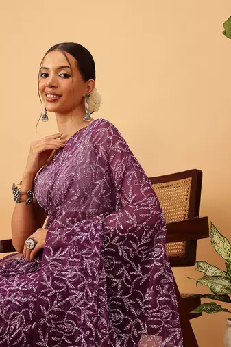 Ada hand embroidered wine georgette lucknowi chikankari indian women saree with blouse - a311381