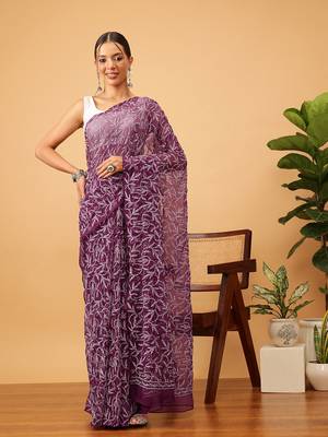 Ada hand embroidered wine georgette lucknowi chikankari indian women saree with blouse - a311381 4