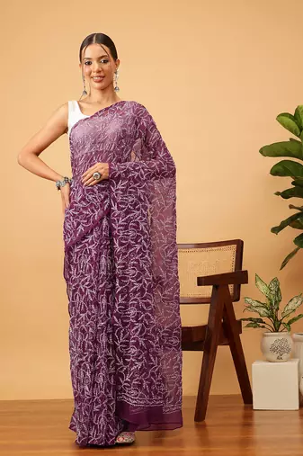 Ada hand embroidered wine georgette lucknowi chikankari indian women saree with blouse - a311381