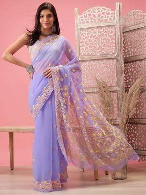 Hand Embroidered Mauve Georgette Lucknowi Chikankari Indian Women Saree With Blouse 1