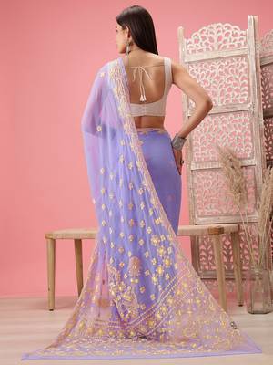 Hand Embroidered Mauve Georgette Lucknowi Chikankari Indian Women Saree With Blouse 2
