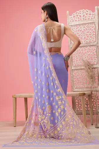 Hand Embroidered Mauve Georgette Lucknowi Chikankari Indian Women Saree With Blouse