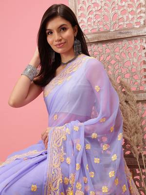 Hand Embroidered Mauve Georgette Lucknowi Chikankari Indian Women Saree With Blouse 3