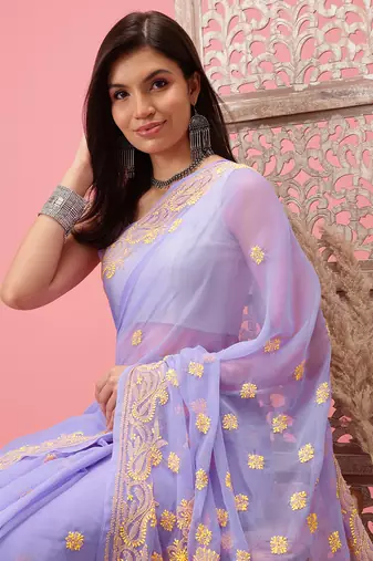 Hand Embroidered Mauve Georgette Lucknowi Chikankari Indian Women Saree With Blouse