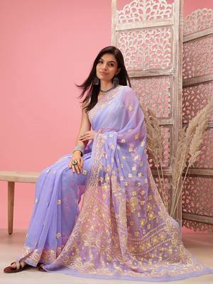 Hand Embroidered Mauve Georgette Lucknowi Chikankari Indian Women Saree With Blouse 4