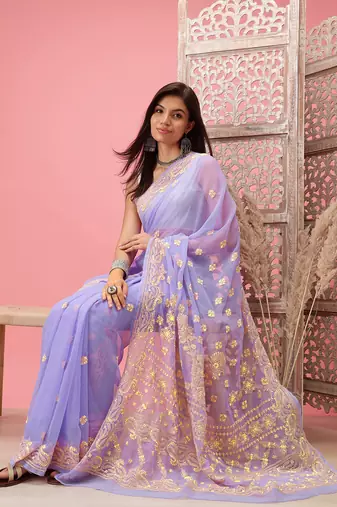 Hand Embroidered Mauve Georgette Lucknowi Chikankari Indian Women Saree With Blouse