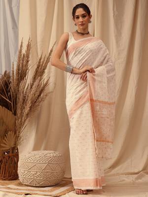 Hand Embroidered Off White Chanderi Lucknowi Chikankari Indian Women Saree With Blouse 1