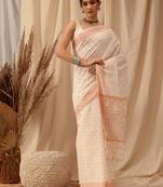 Hand Embroidered Off White Chanderi Lucknowi Chikankari Indian Women Saree With Blouse