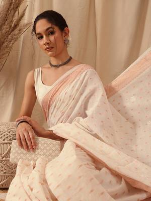 Hand Embroidered Off White Chanderi Lucknowi Chikankari Indian Women Saree With Blouse 2